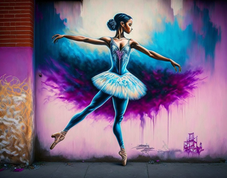 Colorful street art mural of ballerina in blue tutu dancing with purple and pink background