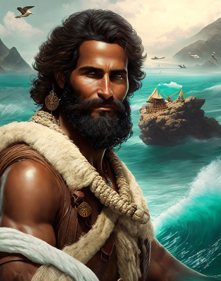 Bearded Man in Ancient Seafarer Attire with Ship and Sea Background