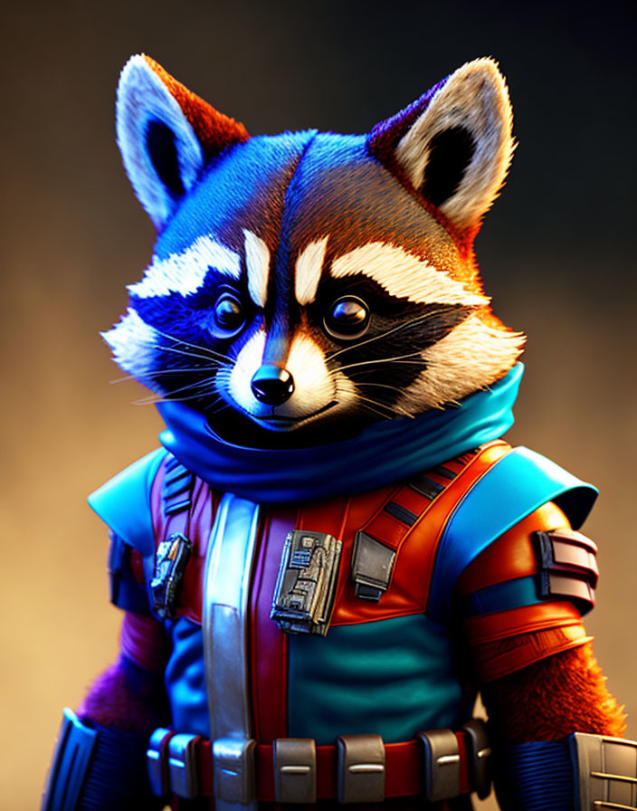 Anthropomorphic raccoon in futuristic outfit with blue scarf and armored vest.