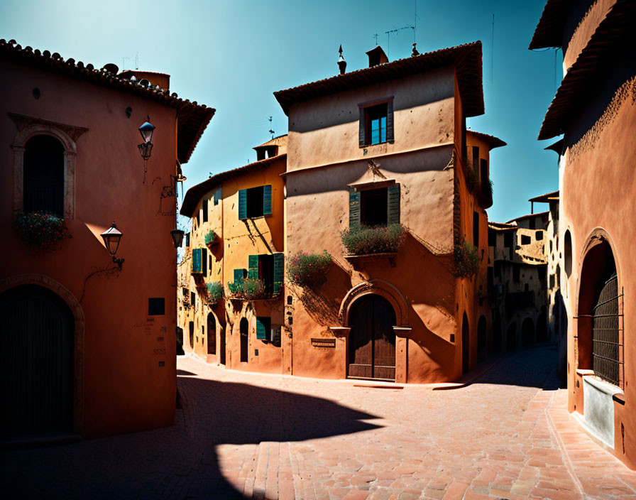 Charming cobblestone street with terracotta buildings and green shutters