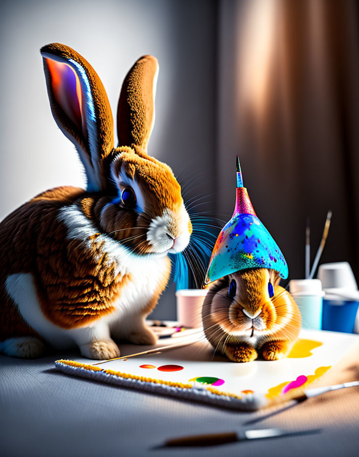 Two rabbits with party hat and paint supplies on canvas.