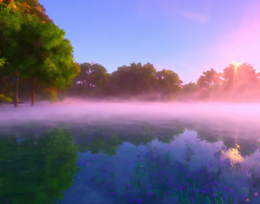 Serene Sunrise Scene: Misty Lake, Trees, Purple Sky