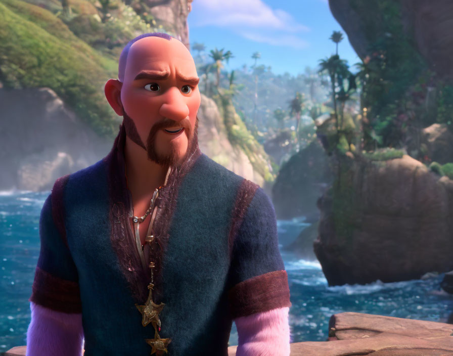 Bald animated character in blue vest by coastal cliffs