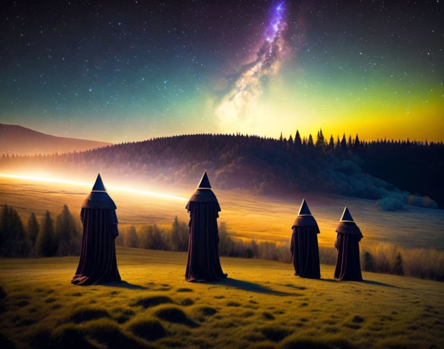 Four figures in cloaks under starry sky in misty valley