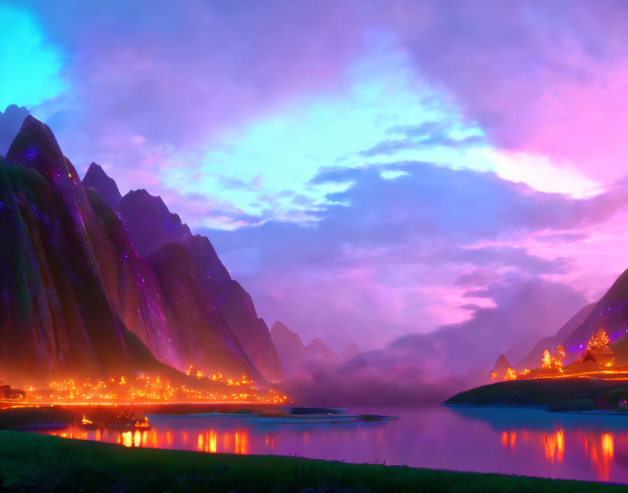 Surreal landscape with purple skies, illuminated settlements, and reflective lake