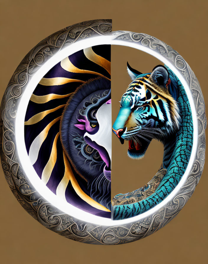 Yin-Yang Tigers in Black, Purple, White, and Blue on Tan Background