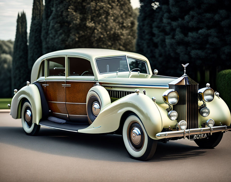 Vintage luxury car with wood paneling on manicured lawn surrounded by trees