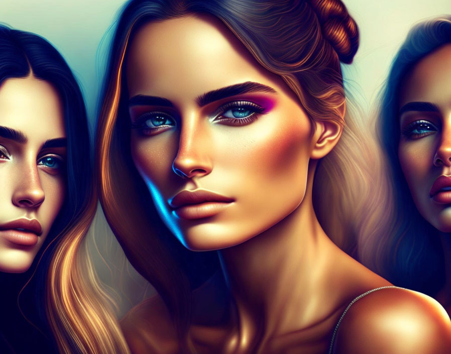 Colorful makeup on three women in digital artwork