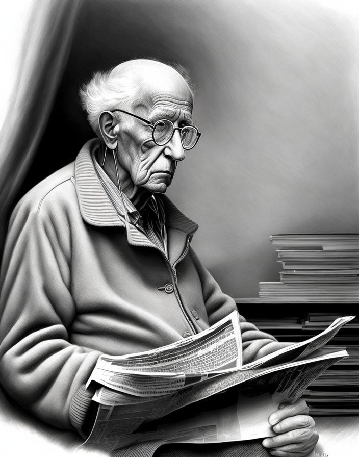 Detailed black and white illustration of elderly man reading newspaper