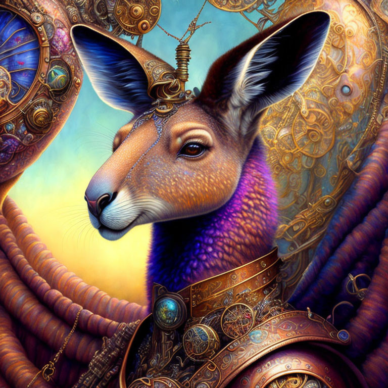 Steampunk-themed kangaroo portrait with mechanical elements