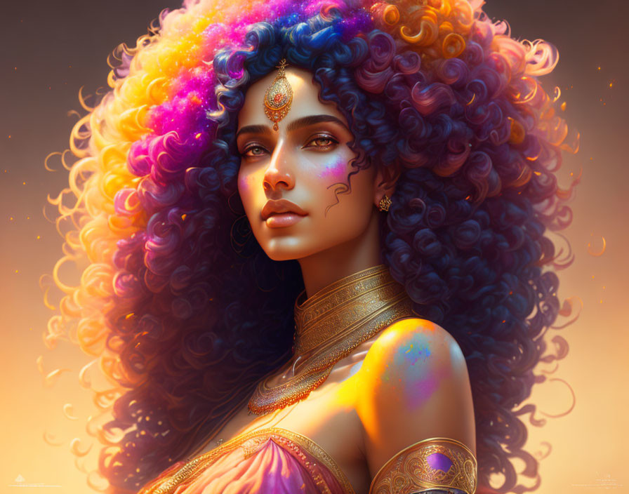 Multicolored Curly Hair Woman with Jeweled Headpiece & Golden Armor