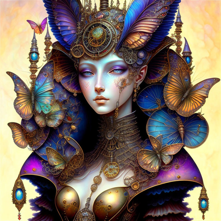 Intricate portrait of figure with ornate headgear and blue butterflies