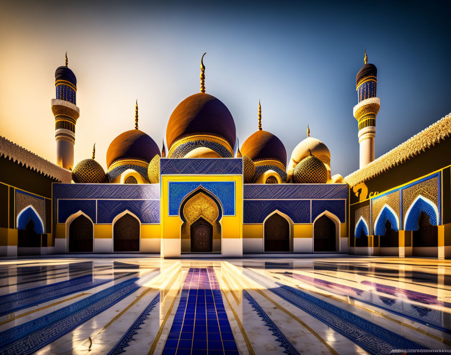 Mosque illustration with golden domes and blue tiles