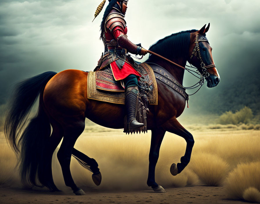 Armored rider on galloping horse in misty field - medieval fantasy scene