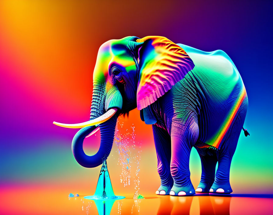 Colorful Elephant Artwork with Psychedelic Pattern on Neon Background