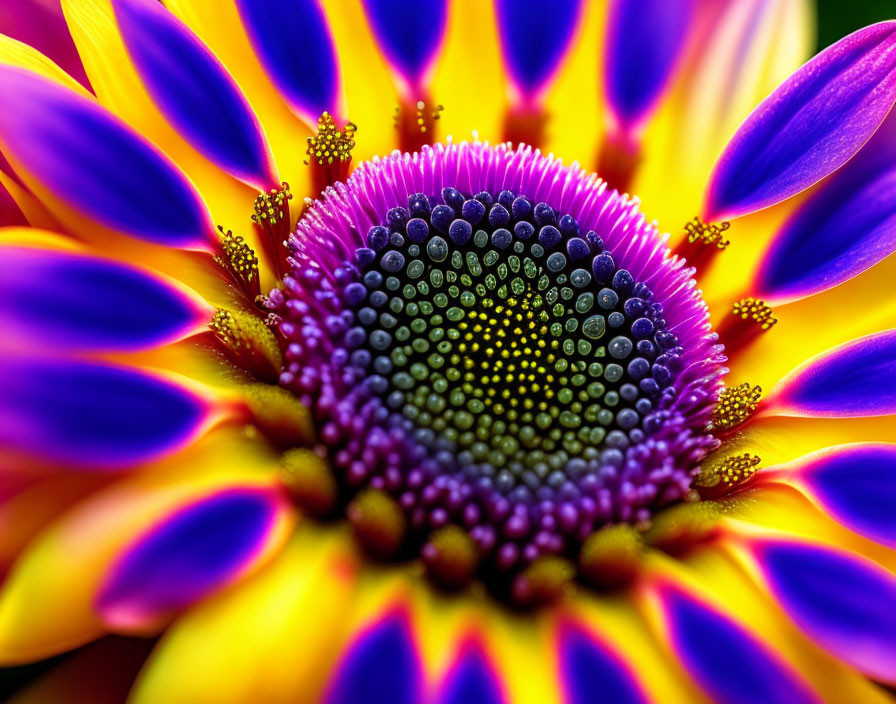 Vibrant multicolored flower with purple and yellow center and vivid blue and magenta petals