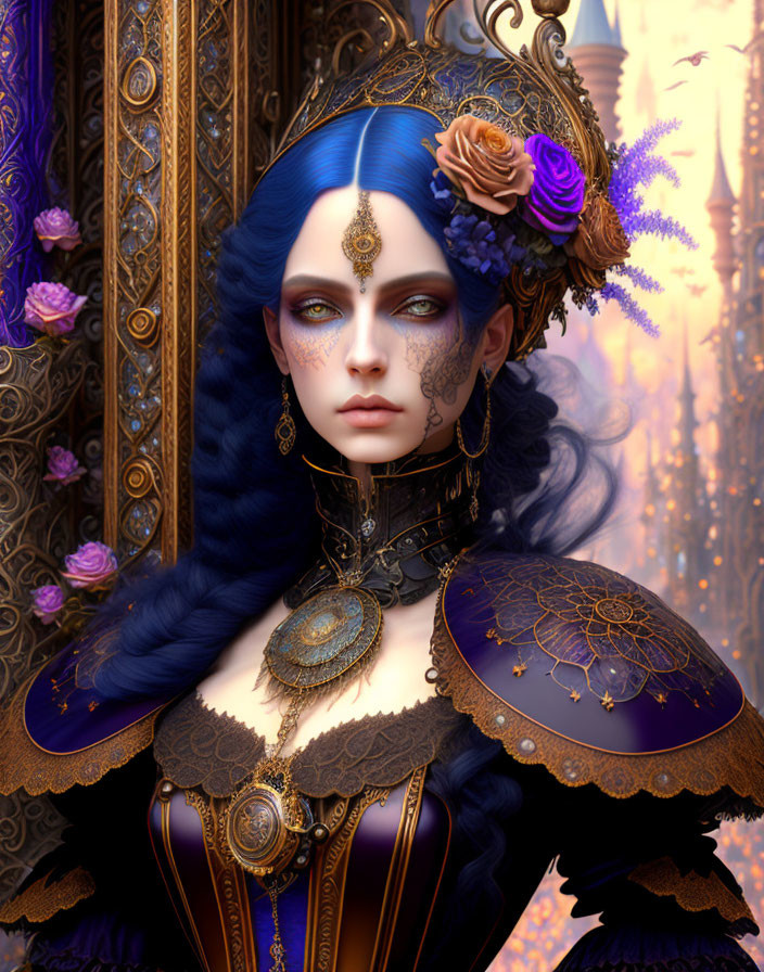 Intricate fantasy illustration of a woman with blue hair and golden body jewelry