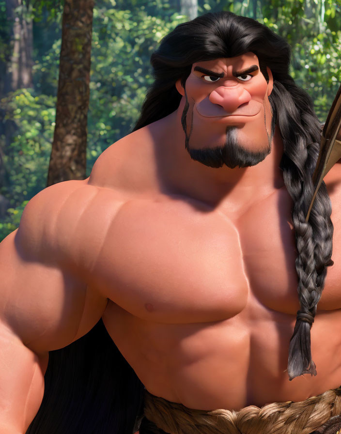 Muscular 3D Animated Character with Intense Glare in Forest