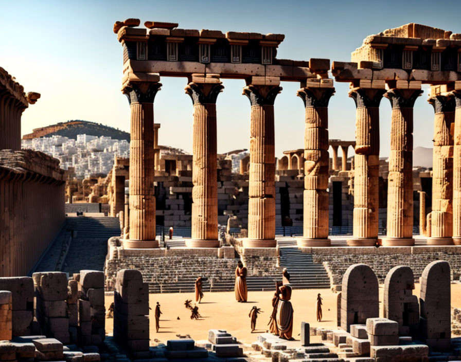 Ancient Egyptian temple ruins with towering columns and modern city skyline.