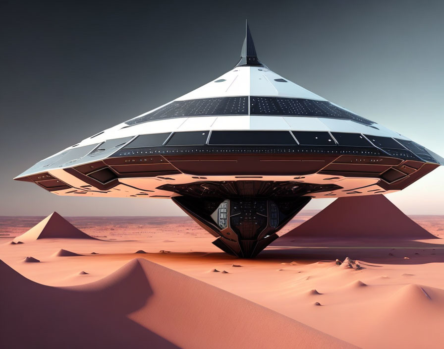 Futuristic spacecraft above desert landscape with pyramid-like design.