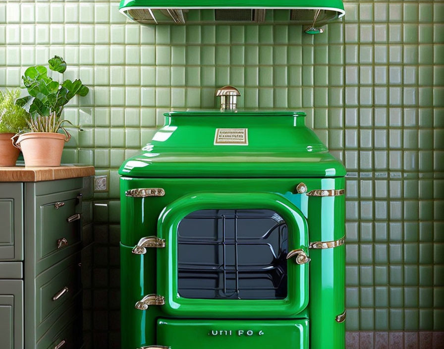 Vintage Green Kitchen with Retro Appliances and Tiled Backsplash