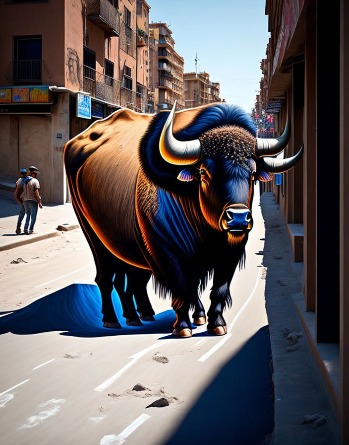 Surreal glowing buffalo with horns on city street observed by two men