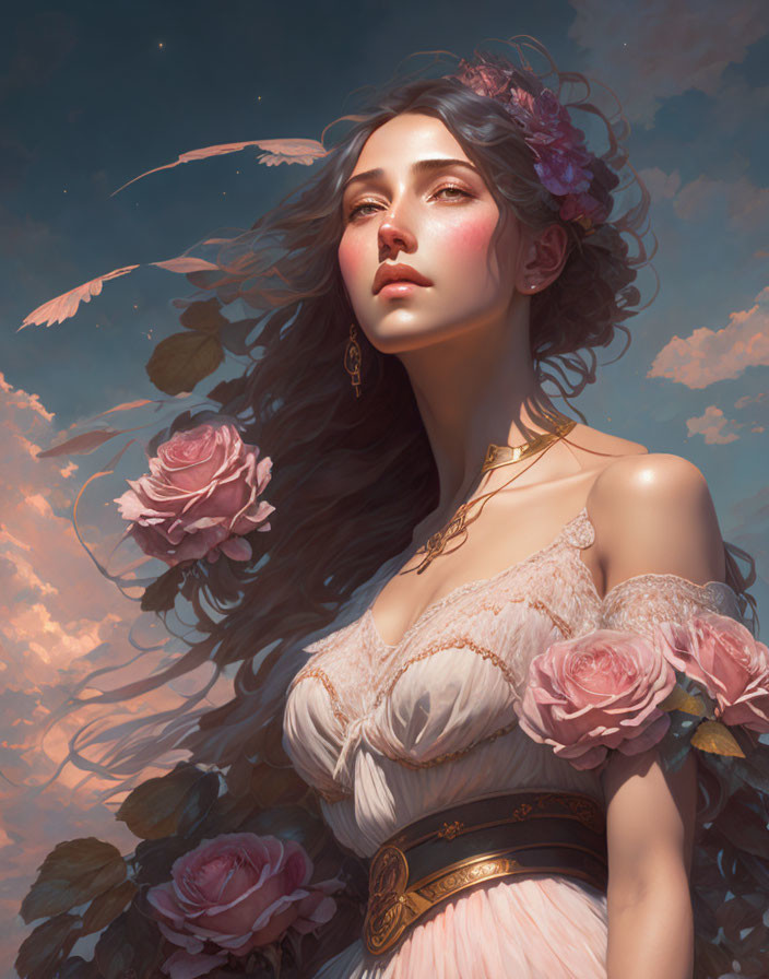 Woman with flowing hair and pink roses in vintage dress on dreamy sky backdrop