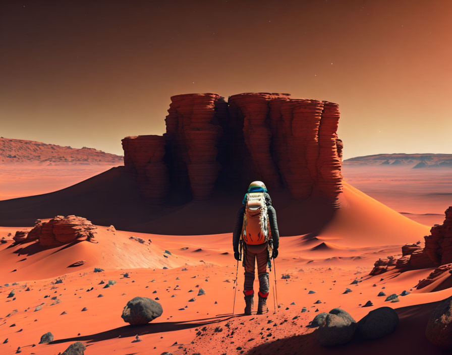 Astronaut exploring Mars-like desert with towering rock formations