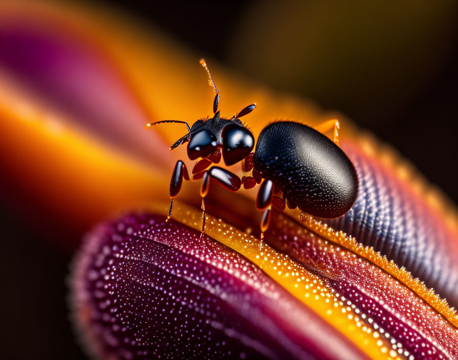 Shiny black beetle with long antennae on colorful flower petal