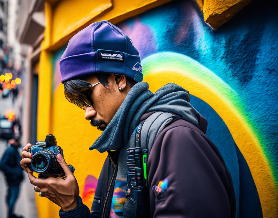 Man in Purple Cap and Glasses Examining Camera Against Colorful Graffiti Wall