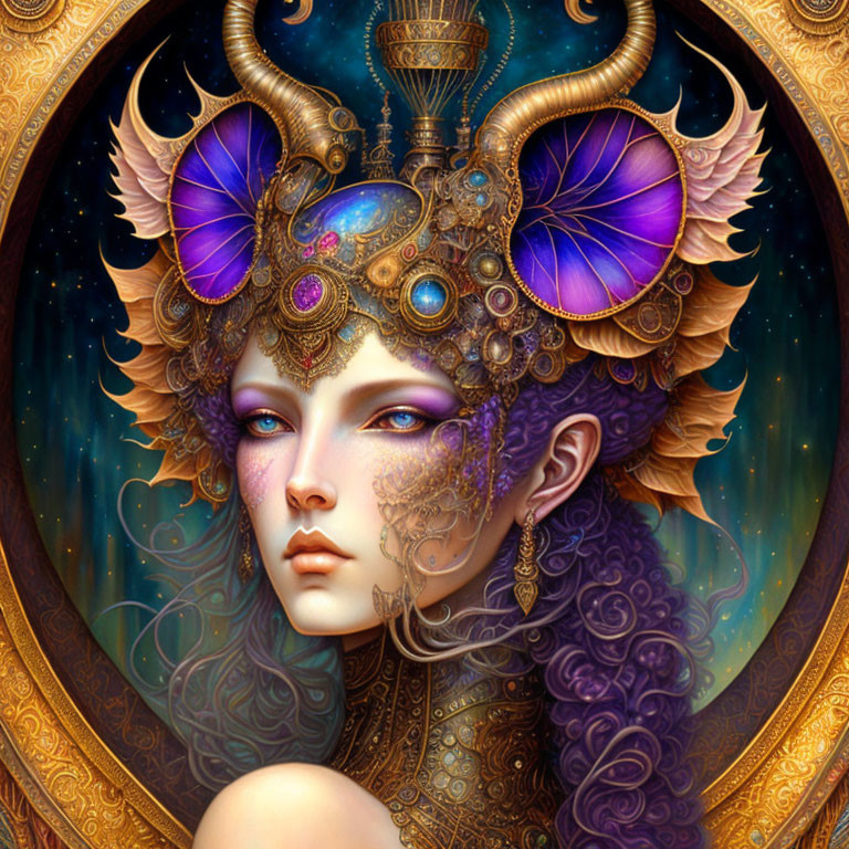 Detailed fantasy art of purple-skinned female with butterfly wing headdress