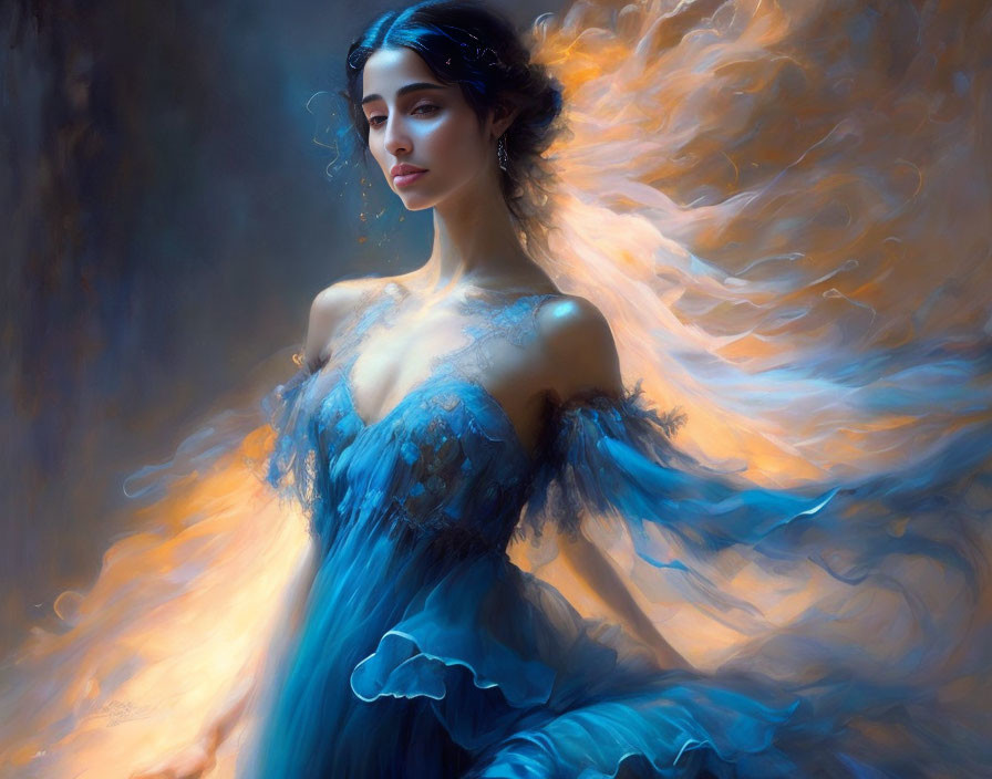 Ethereal woman in flowing blue gown with fiery hair in dreamy light