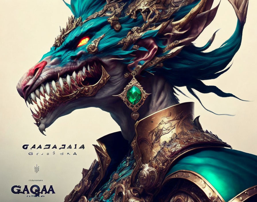 Majestic dragon with gold and turquoise armor and glowing emerald.