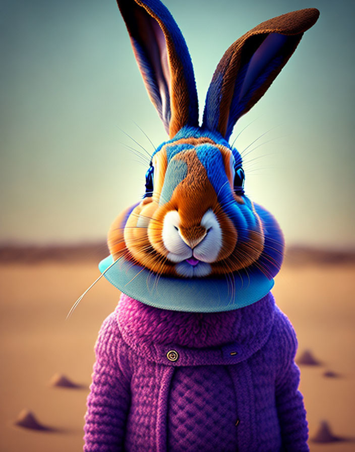 Rabbit with human-like features in purple sweater and blue cap in desert landscape