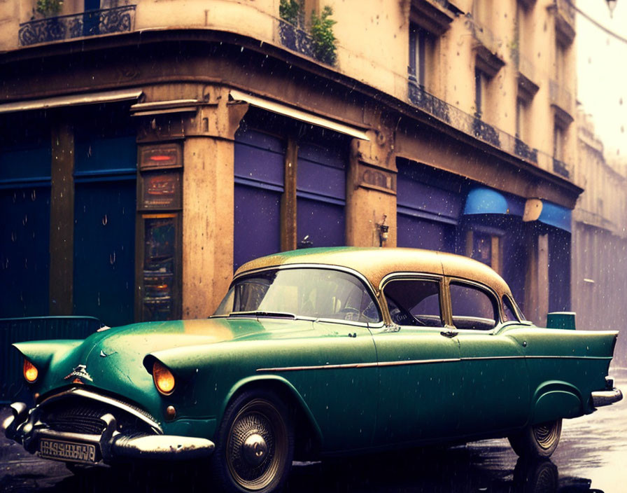 Vintage Green Car on Cobblestone Street in Rain with Classic Architecture