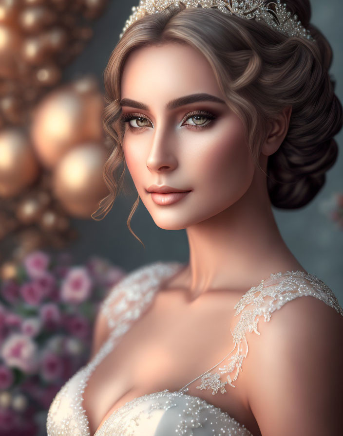 Elegant bridal portrait with tiara and lace gown