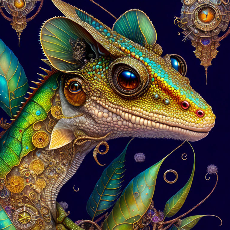 Steampunk-inspired chameleon with gears and mechanical elements