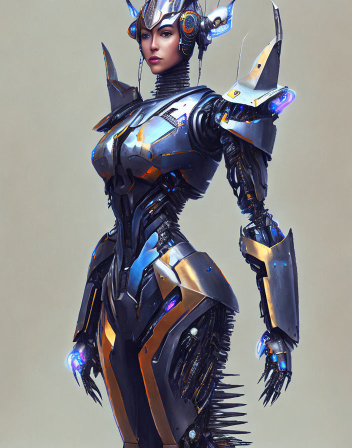 Futuristic armor with metallic plates and glowing blue lights