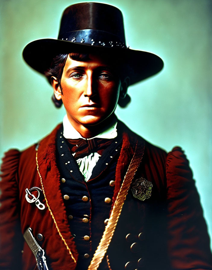 Colorized portrait of man in vintage Western attire with sheriff's badge and pistol.