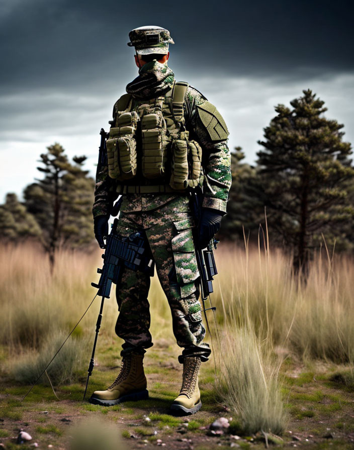 Camouflaged soldier with rifle in sparse woodland landscape