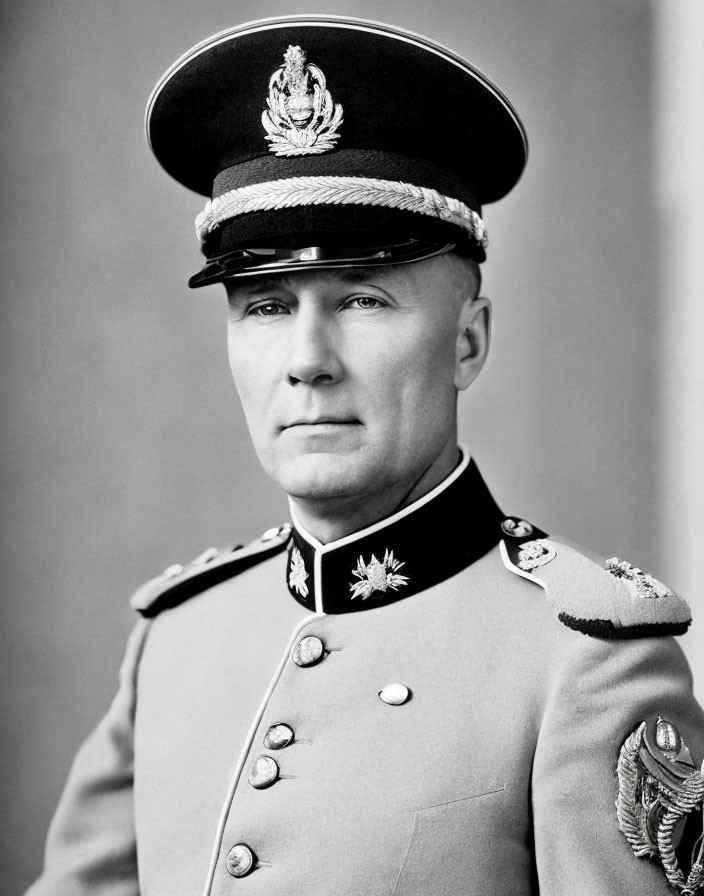 Vintage black and white photo of man in military uniform with peaked cap and badge.