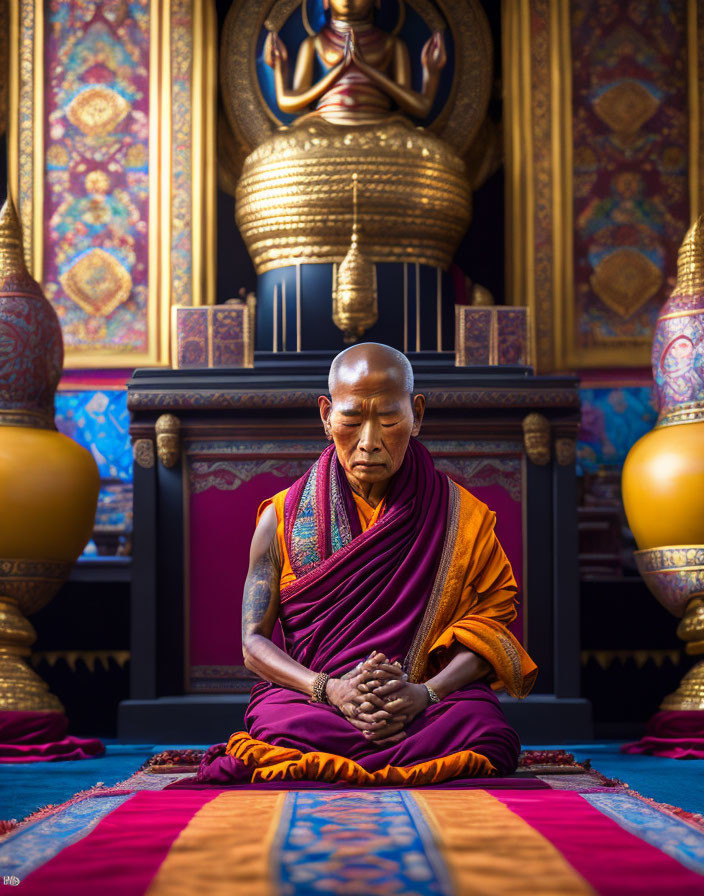 Monk meditating in orange robes amidst ornate decor