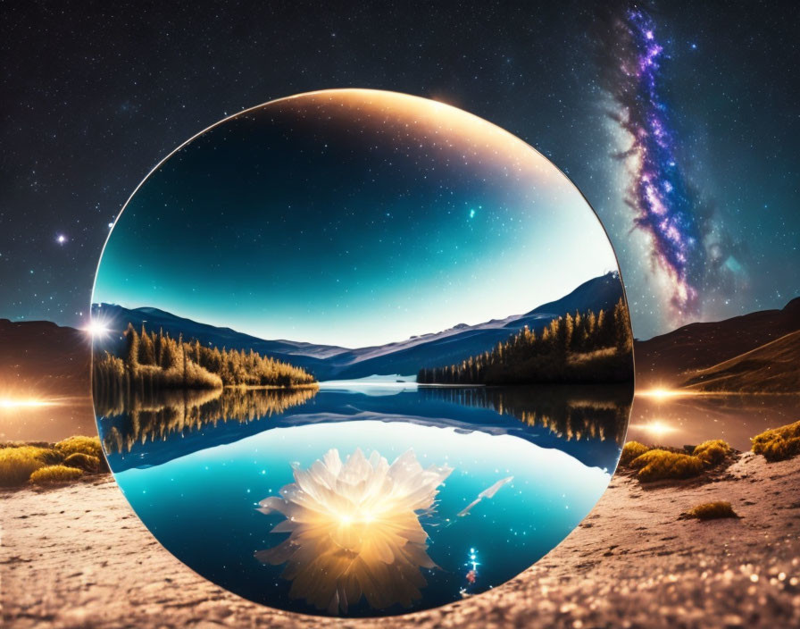 Circular Portal Reveals Night Sky and Galaxies Above Mountain Lake