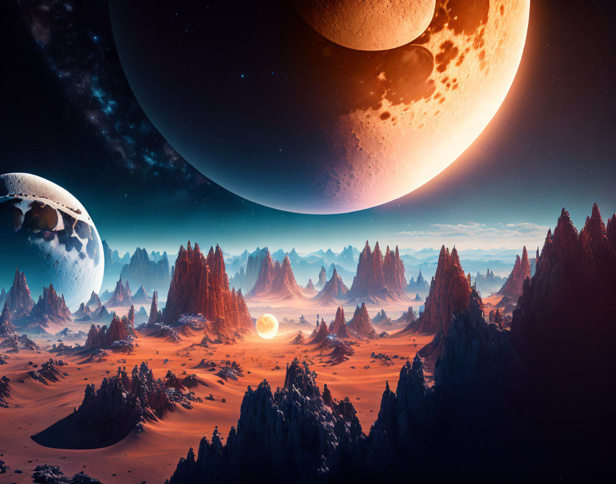 Surreal extraterrestrial landscape with rocky spires and celestial bodies