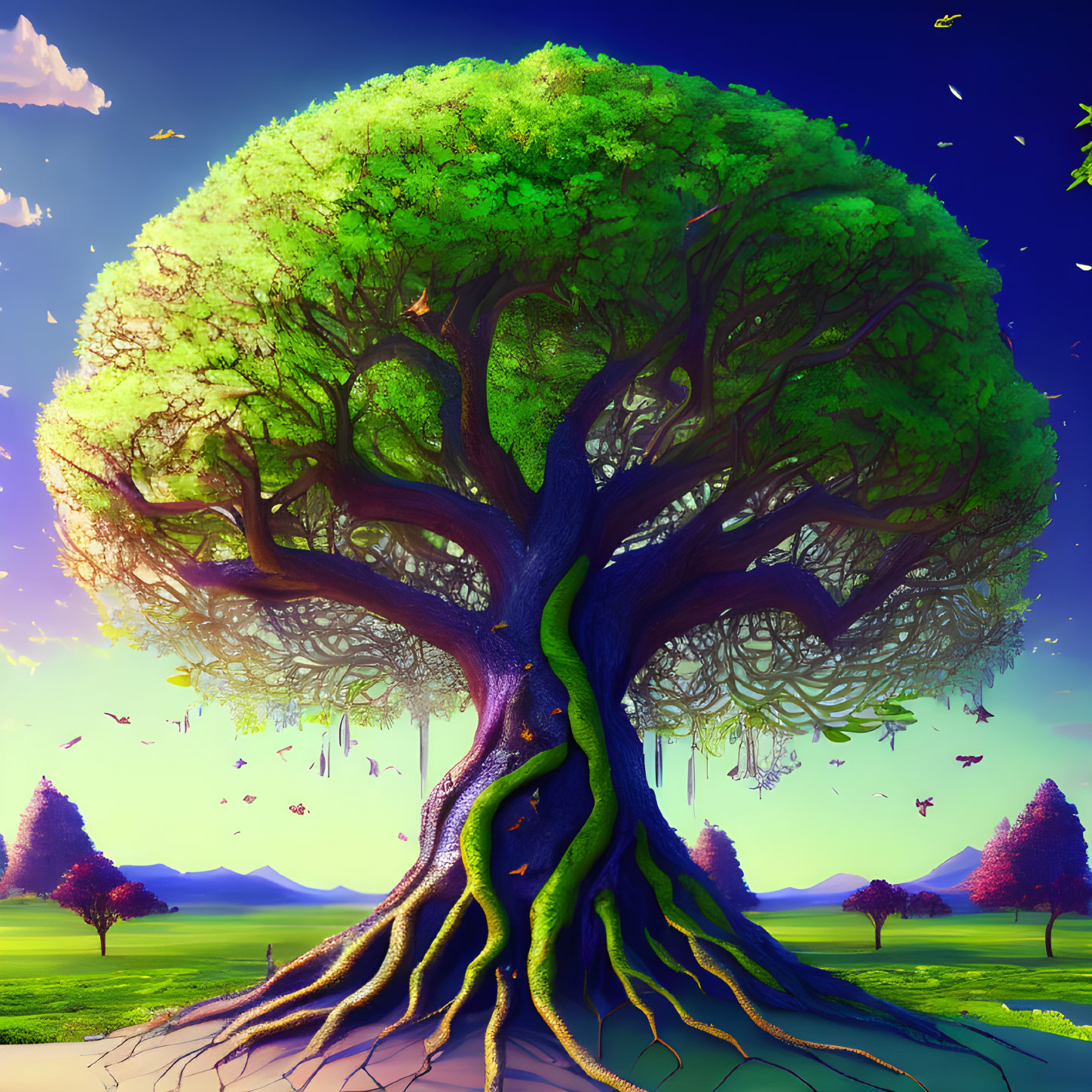 Colorful digital artwork of oversized tree, sunset sky, mountains, and birds