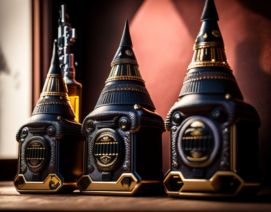 Ornate Black and Gold Perfume Bottles Resembling Towers