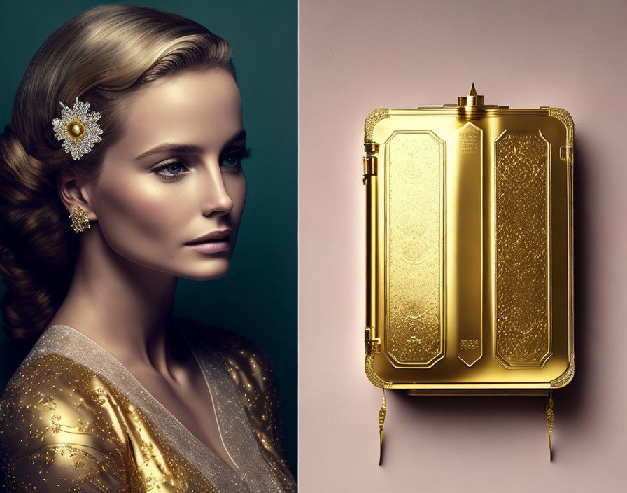 Woman with braided hairstyle and floral accessory in golden attire beside ornate perfume dispenser