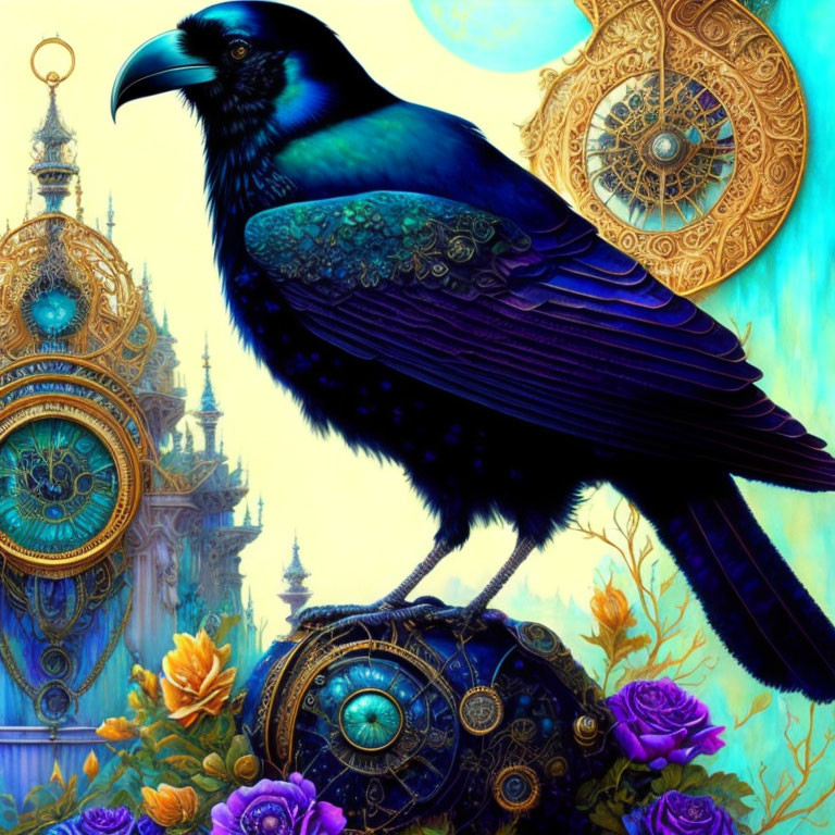 Iridescent raven on steampunk machinery in fantastical setting