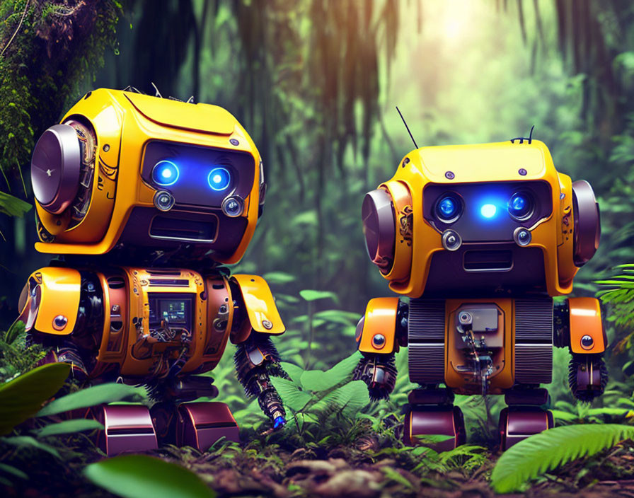 Yellow and blue robotic figures in lush jungle setting.