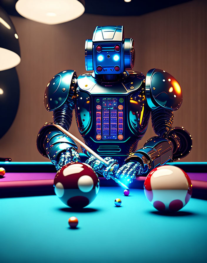 Futuristic robot playing pool in ambiently lit room